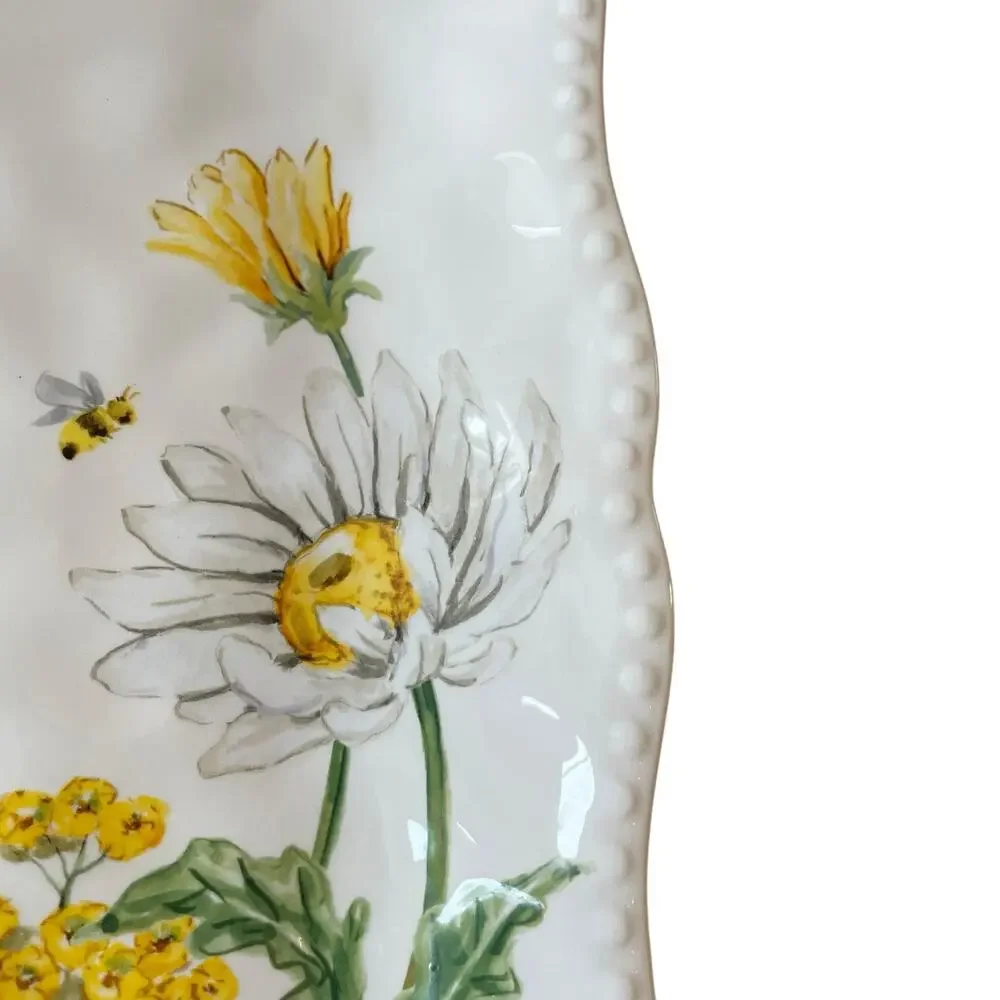 MAXCERA Spring Easter Bee Butterfly Daisy Square Dinner Plates Set of 4 New